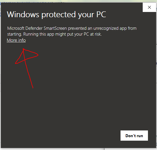 Windows SmartScreen dialog: Windows protected your PC, with More info highlighted